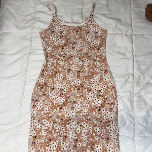 Tan flower spaghetti strap dress with slit